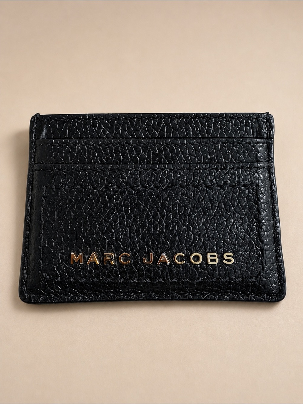 Marc Jacobs Black Pebbled Leather Card Holder Wallet Gold Logo